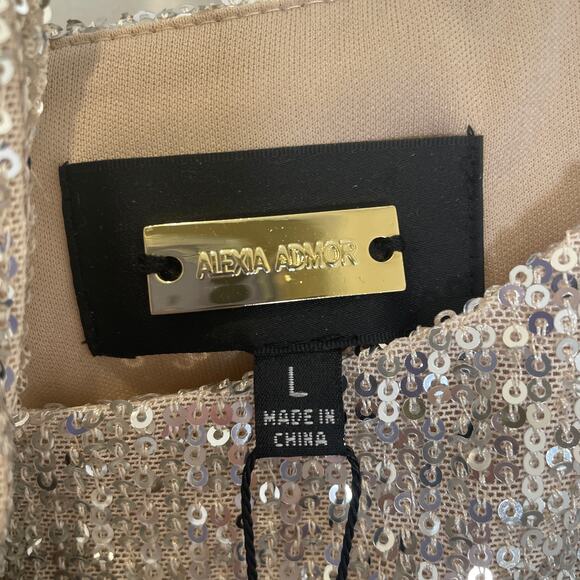 Alexia Admor Val Sequined Shift Dress Silver Mini Long Sleeve Belt Cocktail L - Picture 4 of 8